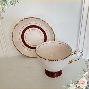 LOvely Tuscan Pink and Burgandy Teacup and Saucer with Gild Trimming